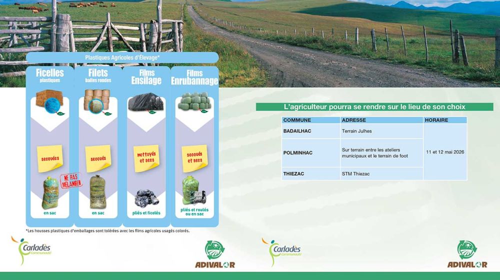 Le 11 et 12 mai 2026, une opération de collecte des différents types de plastiques issus de l’activité agricole est organisée.