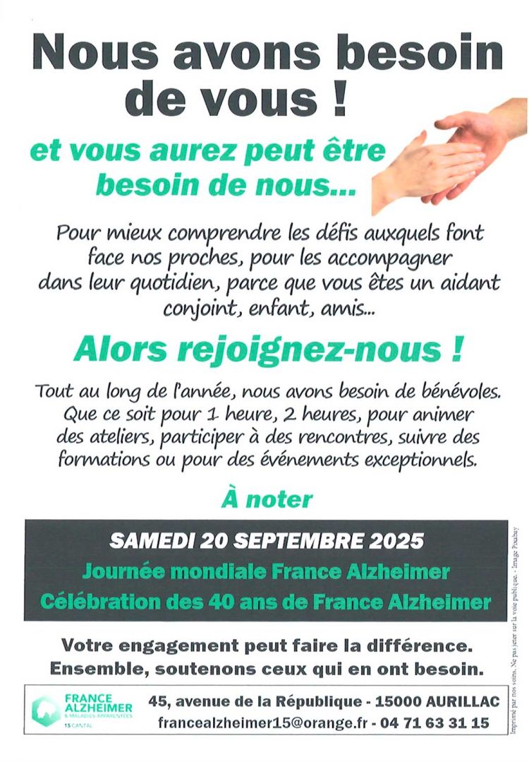 Nous avons besoin de vous ! et vous aurez peut-être besoin de nous... Rejoignez France Alzheimer !